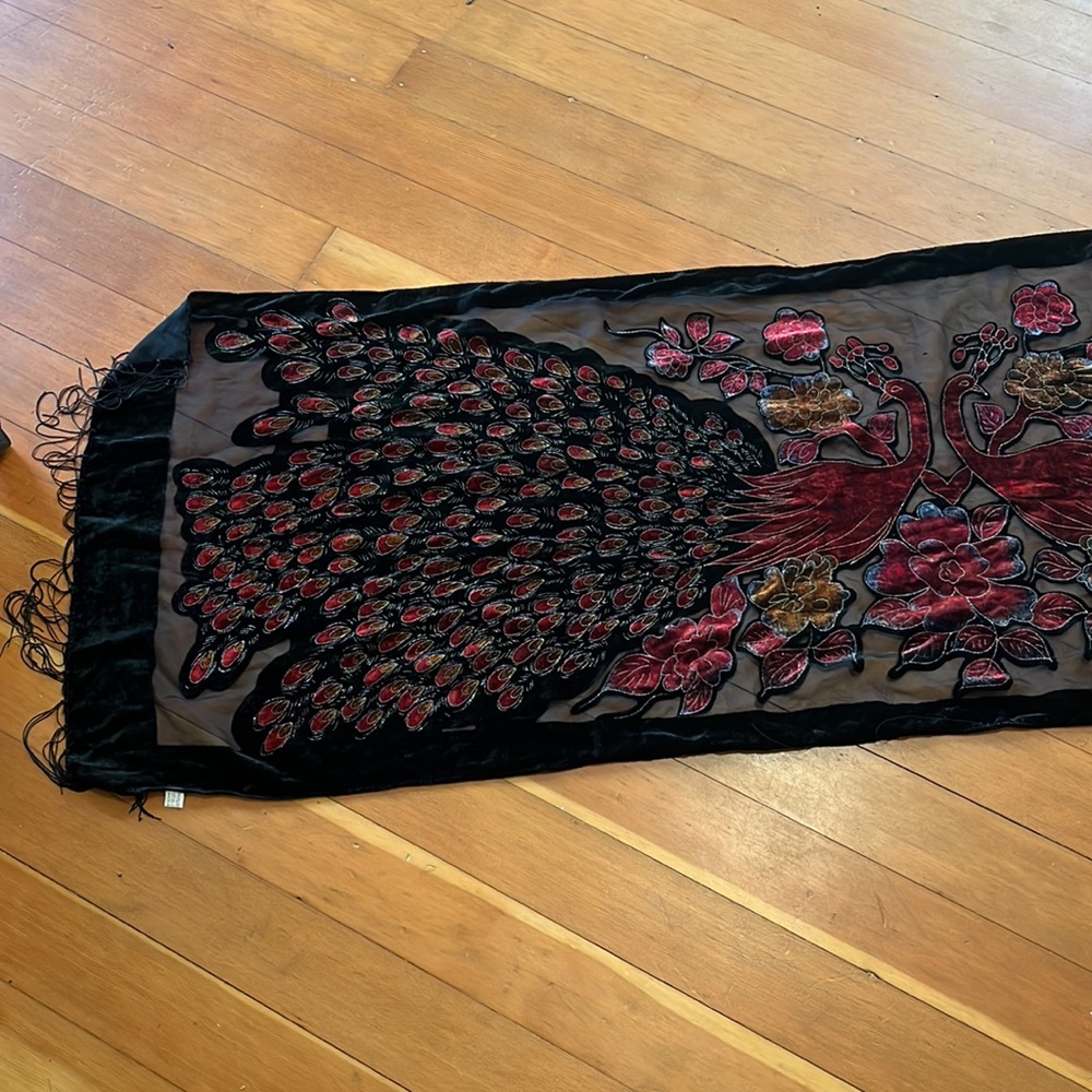 Burned Velvet Peacock Scarf - Red